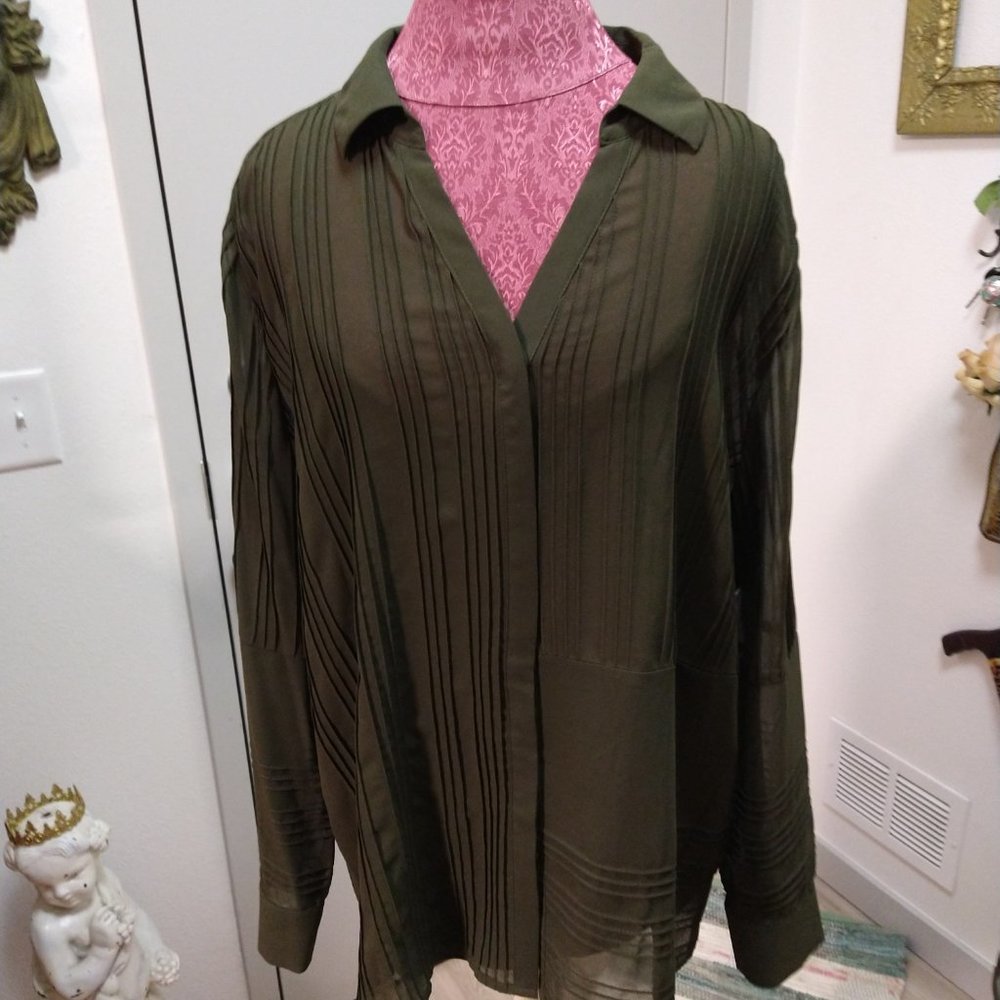 New Alfani 2PC Set Green Long Sleeve Collard Blouse With Tank Woman's Size XL